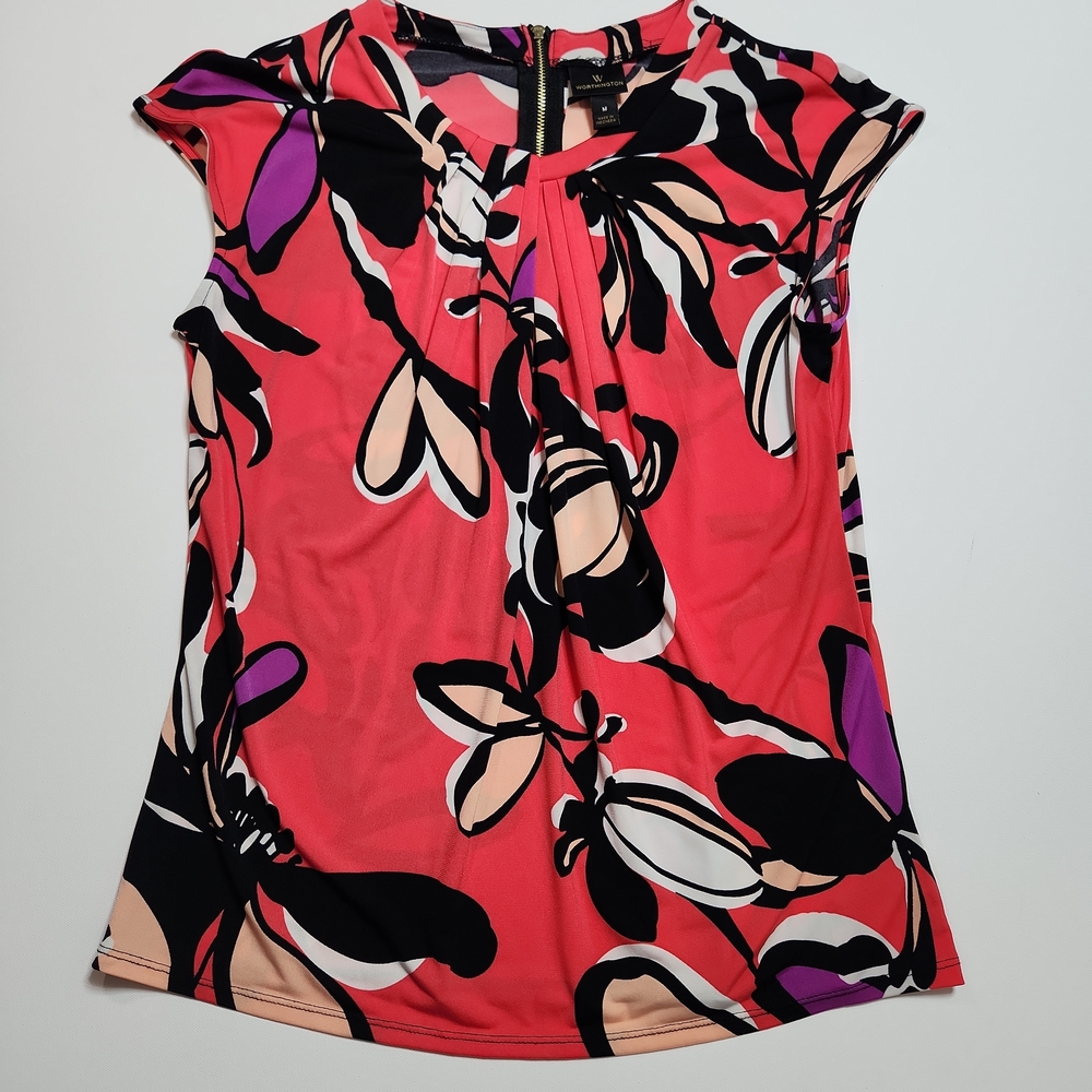 Worthington Women’s Blouse M Floral Print Short Sleeve Top Zip Back Red Black